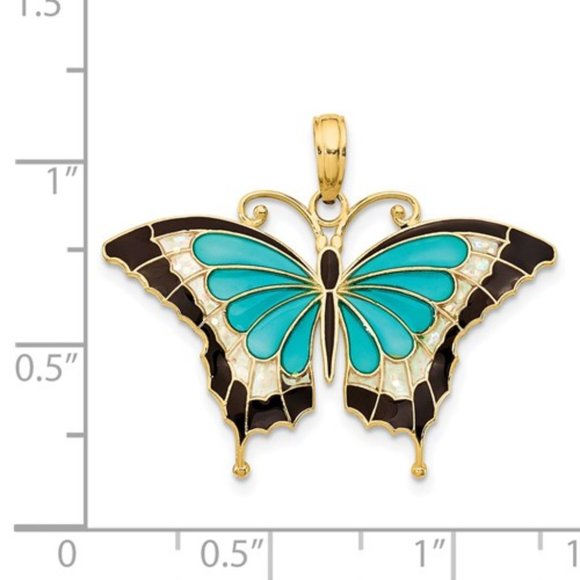 14k Yellow Gold Blue Aqua Enameled Butterfly Necklace Charm Pendant, 24mm x 31mm - Picture 2 of 3
